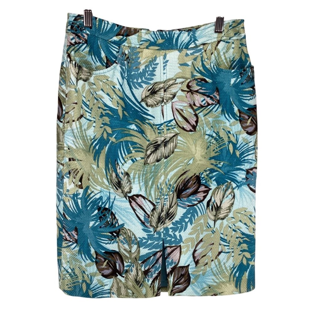 Doncaster Pencil Skirt Size 4 100% Silk Floral Pattern Pockets Blue & Brown Line